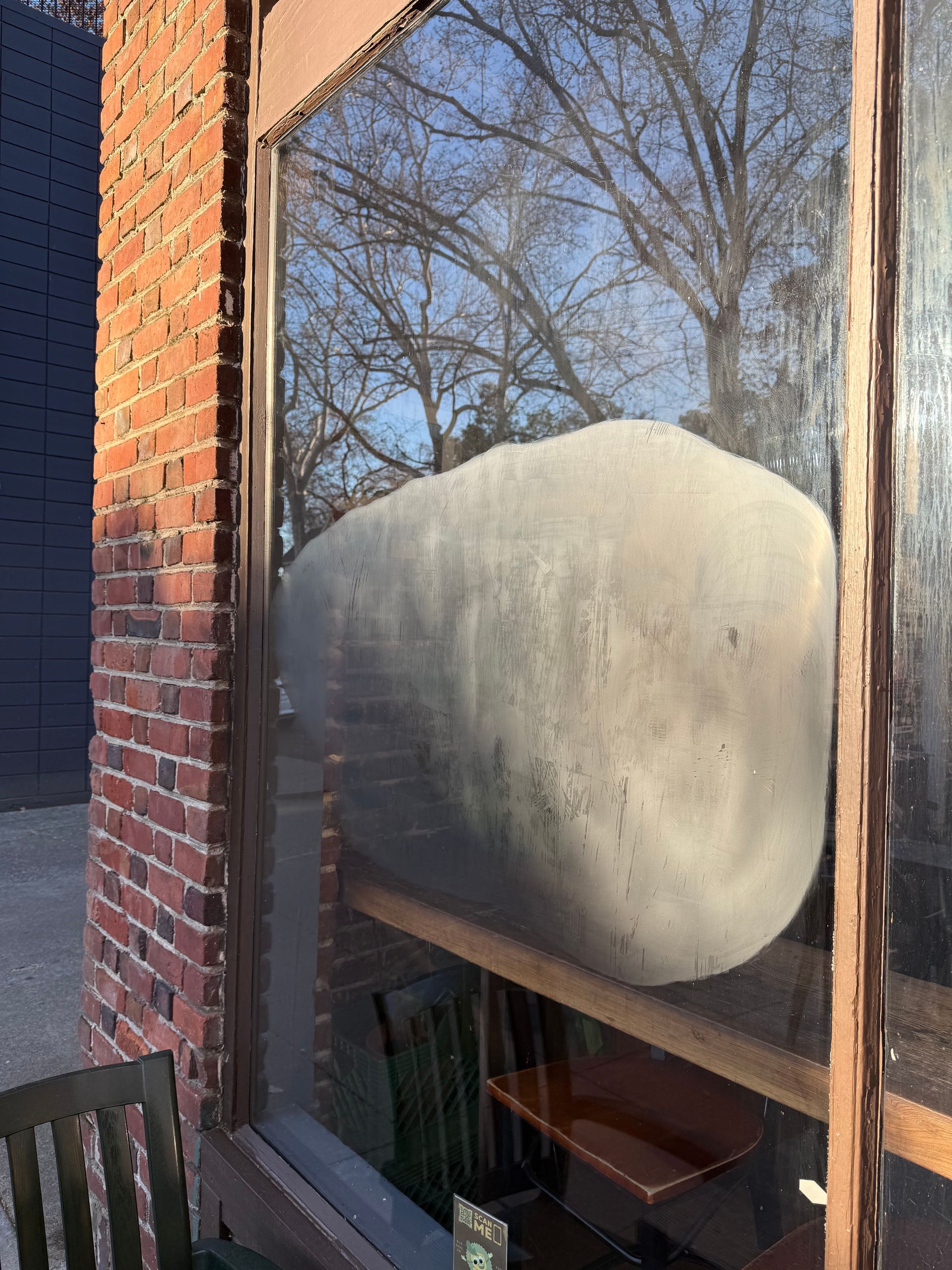 A large, rectangular concrete form inside a storefront window, with tree branches reflected in the glass.