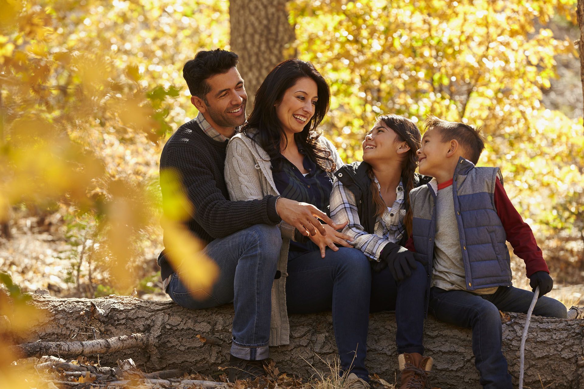 Family sitting on a log in a forest. Fall foliage surrounds them as they smile and laugh.