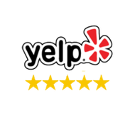 a yelp logo with five stars on a white background .