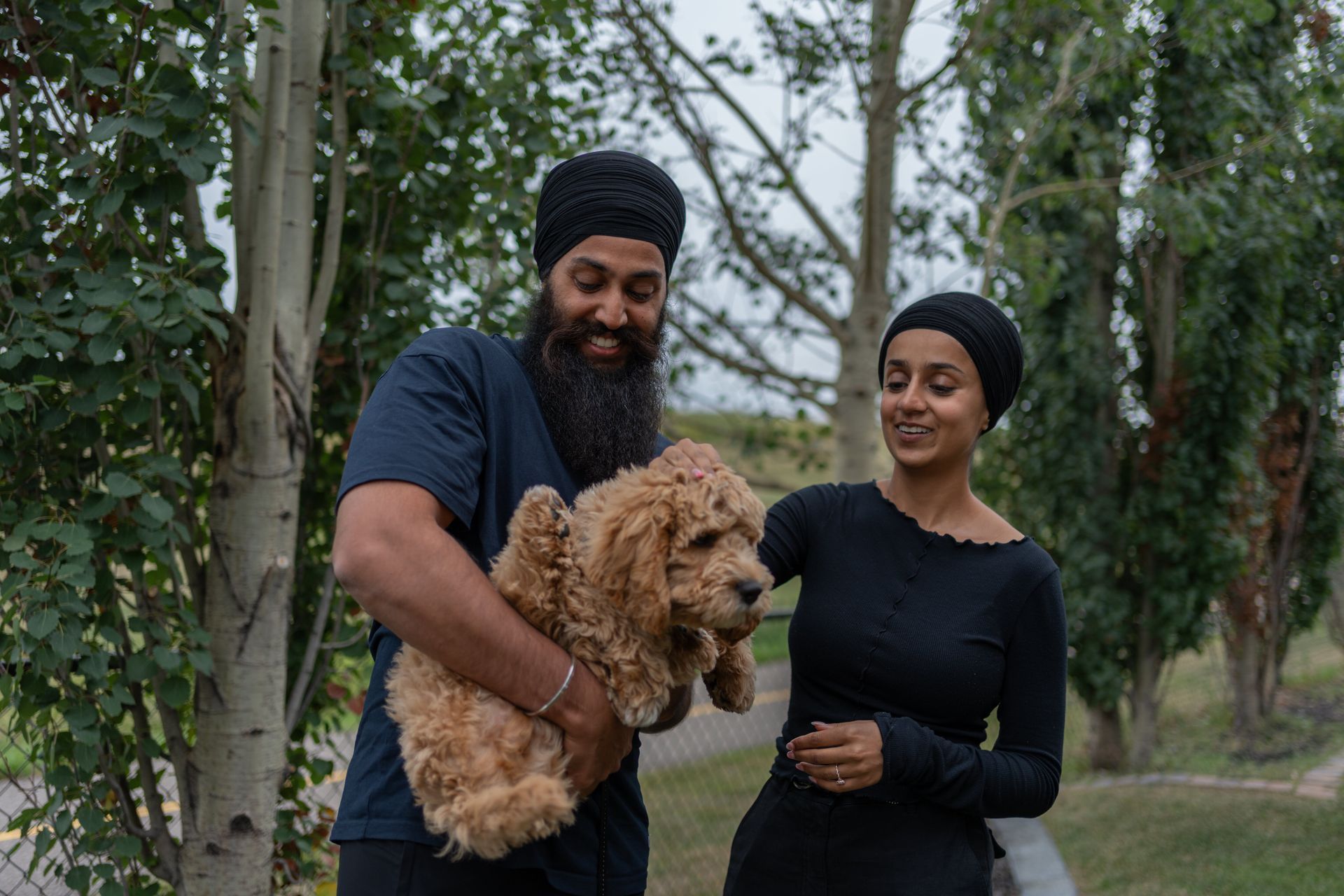 A Sikh man holds a labradoodle puppy so his partner can pet it