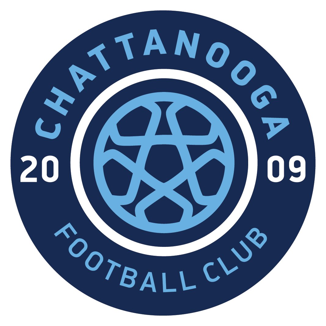 Chattanooga Football Club logo with blue circular crest, white text, and stylized soccer ball, 2009