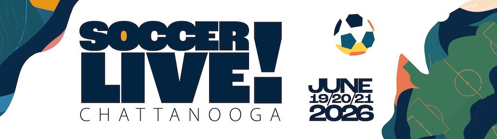 SOCCER LIVE Chattanooga June 2026 event logo on white and blue background