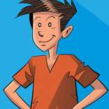 Gabriel : Un garçon de dessin animé dans une chemise orange sourit avec ses mains sur ses hanches