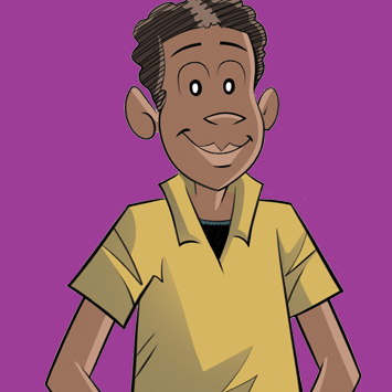 Mamadou, qui porte une chemise jaune et il sourit avec les mains sur ses hanches