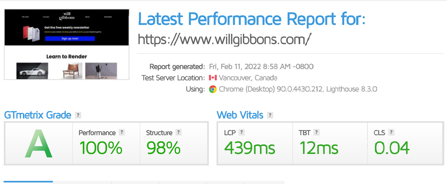 Page speed test for a website.