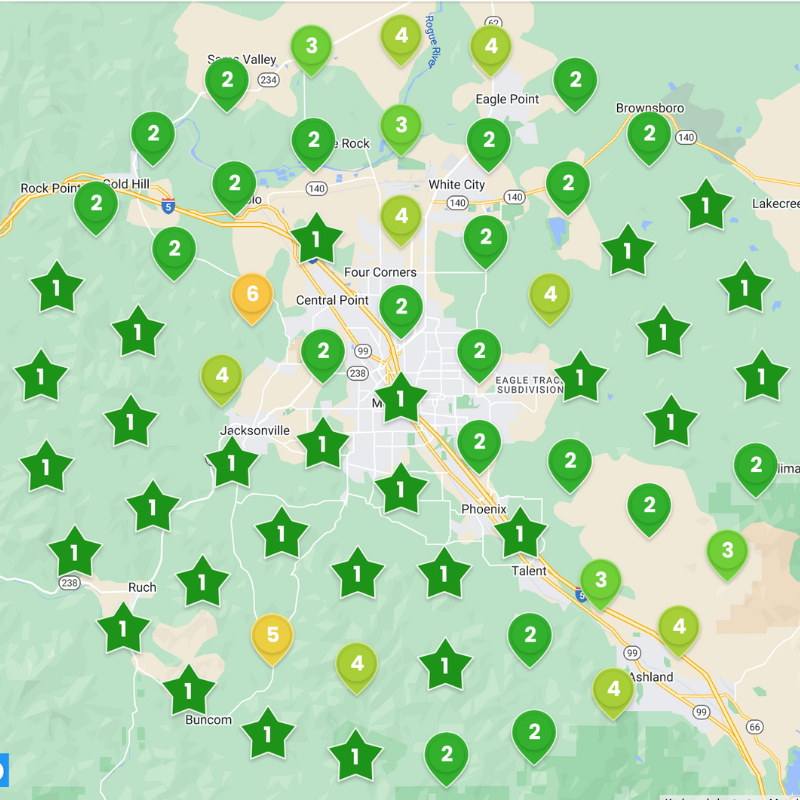 Local SEO Geo grid results in Medford, Oregon.