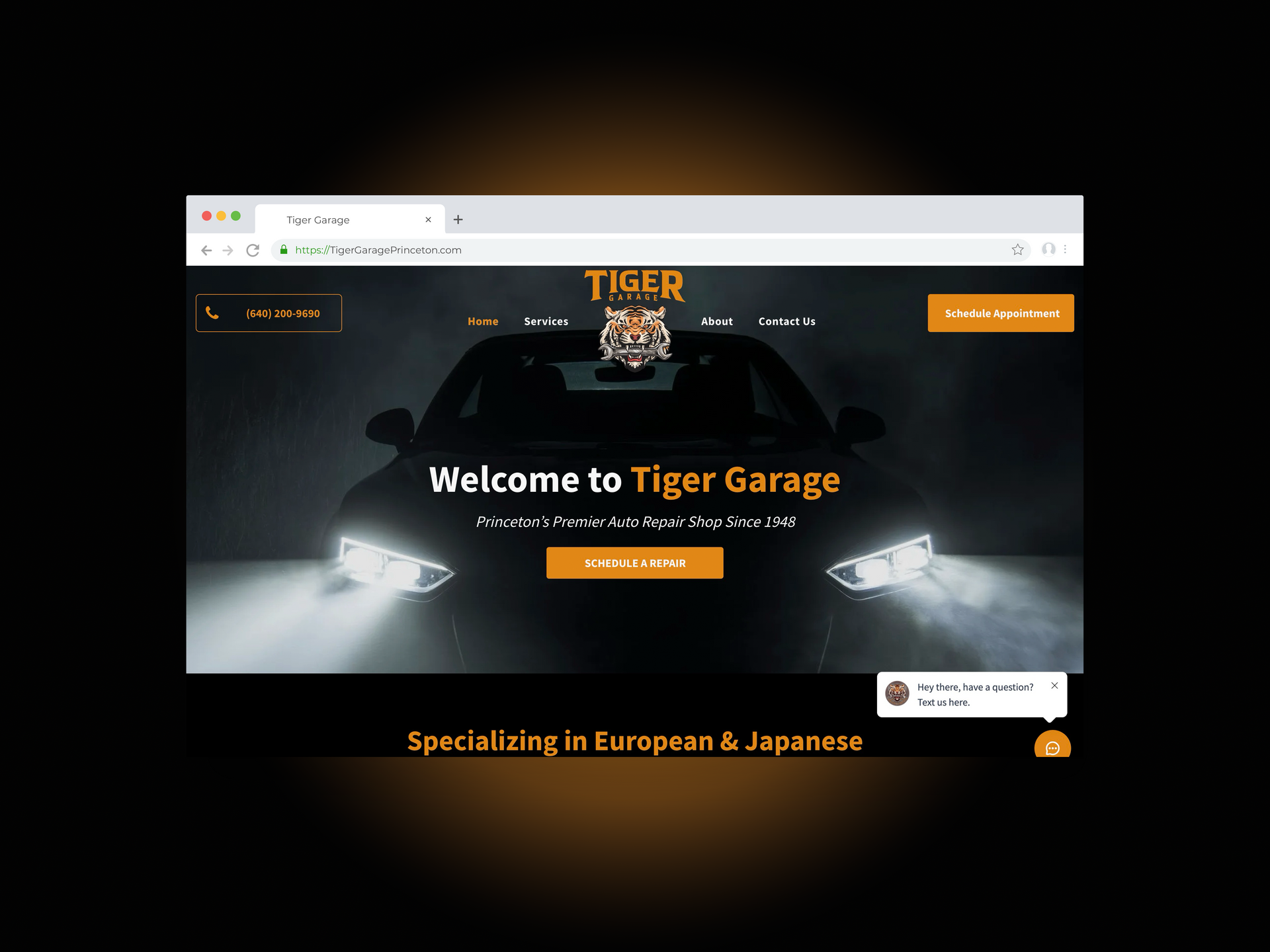 A repair shop website is displayed on a computer screen.