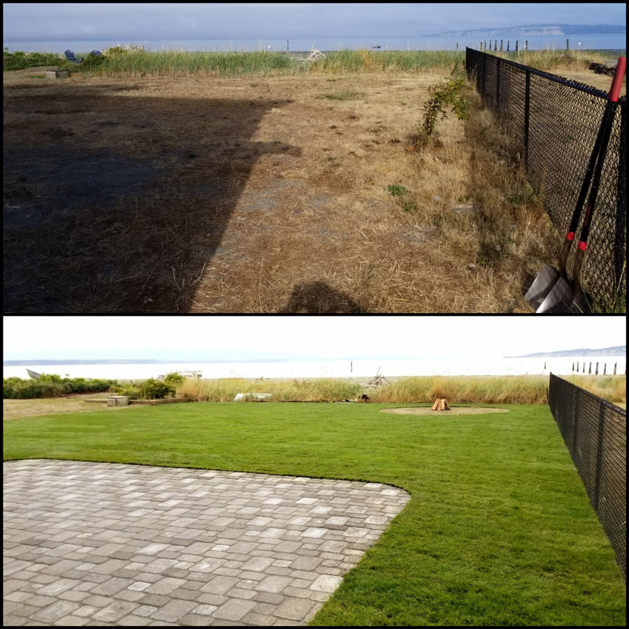 a before and after picture of a fenced in yard