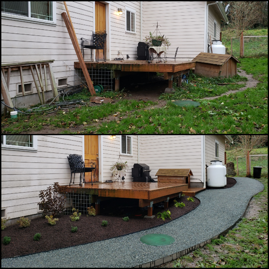 a before and after picture of a house with a deck
