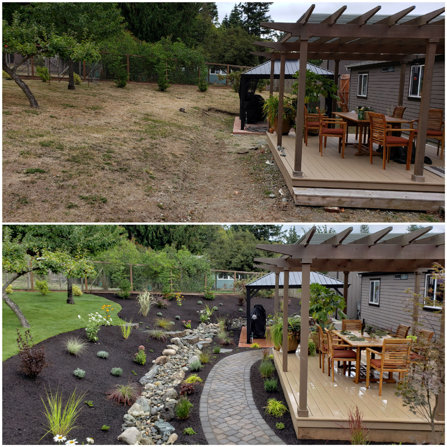 a before and after picture of a patio with a pergola .