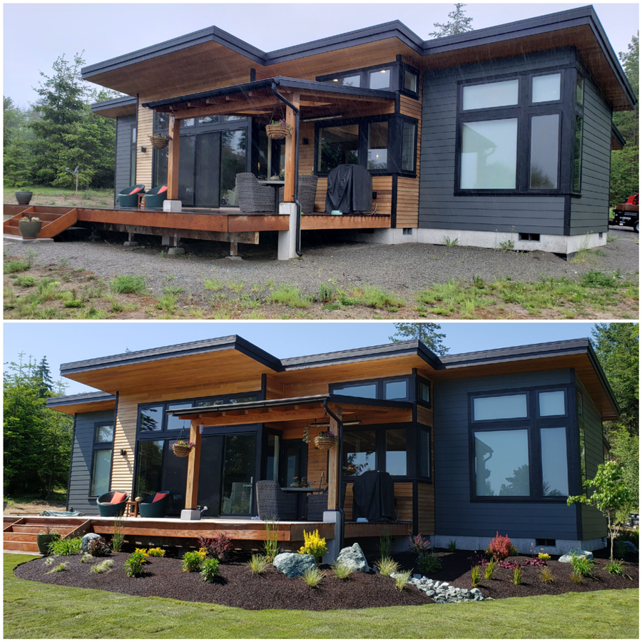 a before and after picture of a house with a lot of windows .