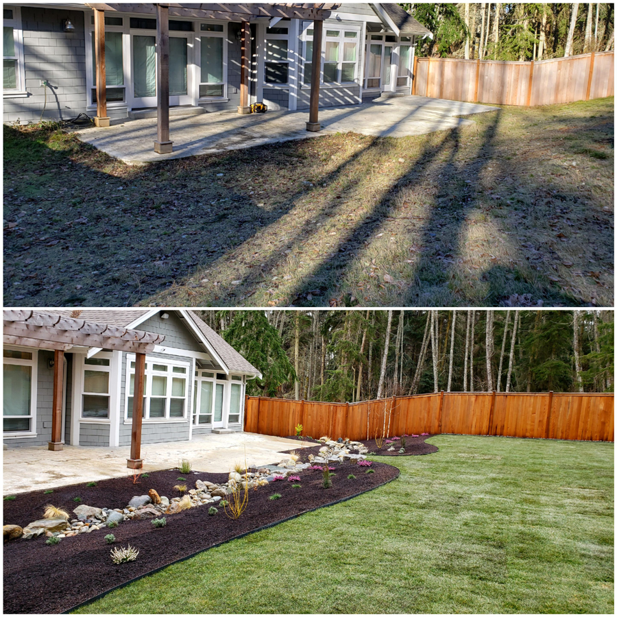 a before and after picture of a backyard with a wooden fence .