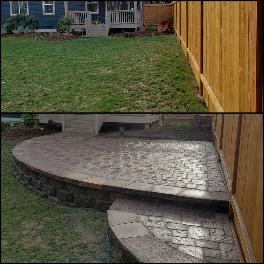 a before and after picture of a backyard with a wooden fence