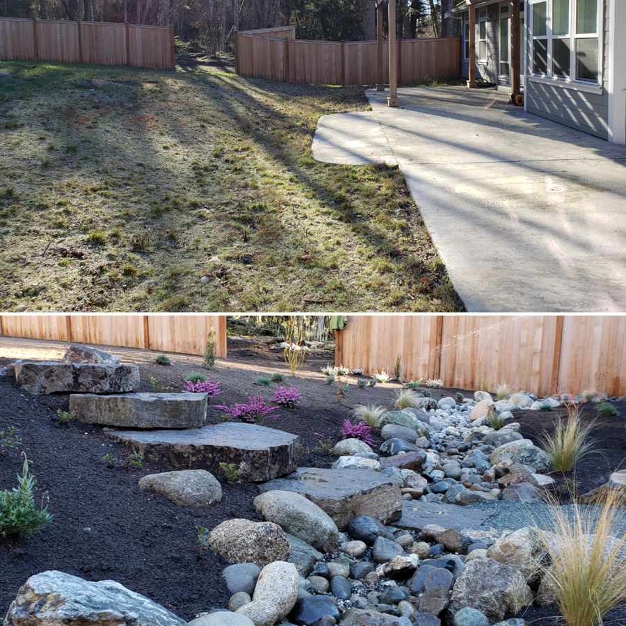 a before and after picture of a yard with rocks and a fence .