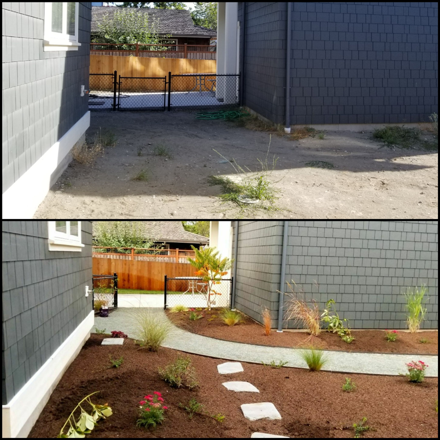 a before and after picture of a yard with a walkway