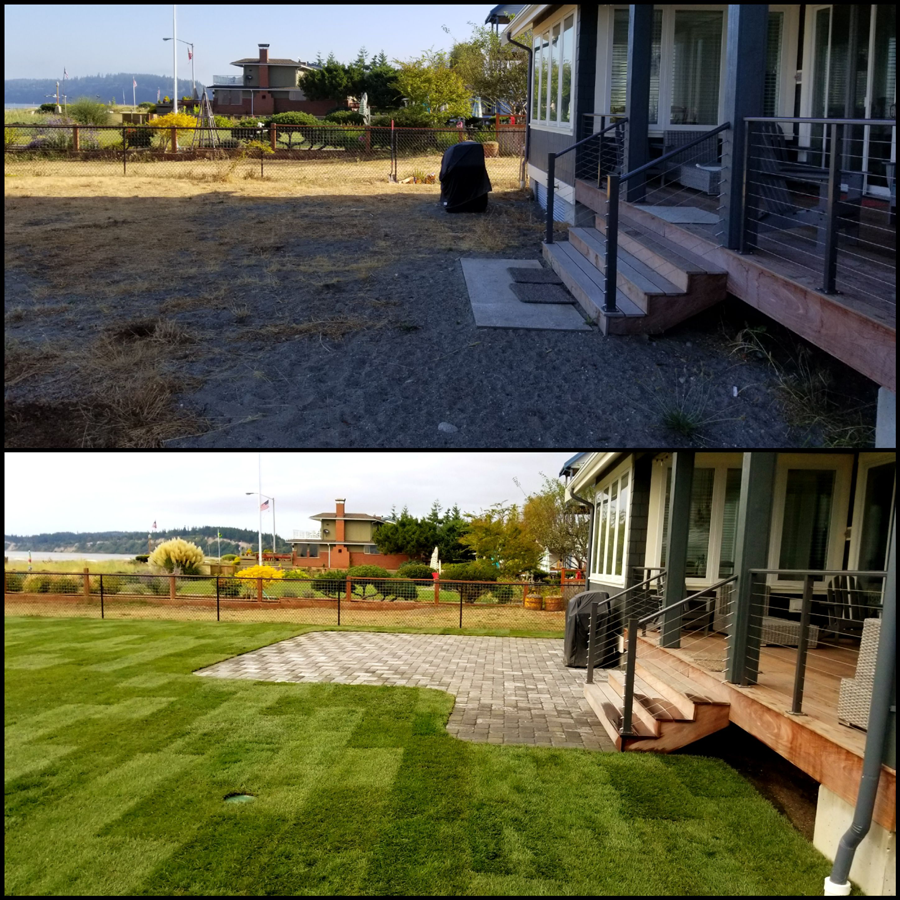 a before and after picture of a lawn with a house in the background