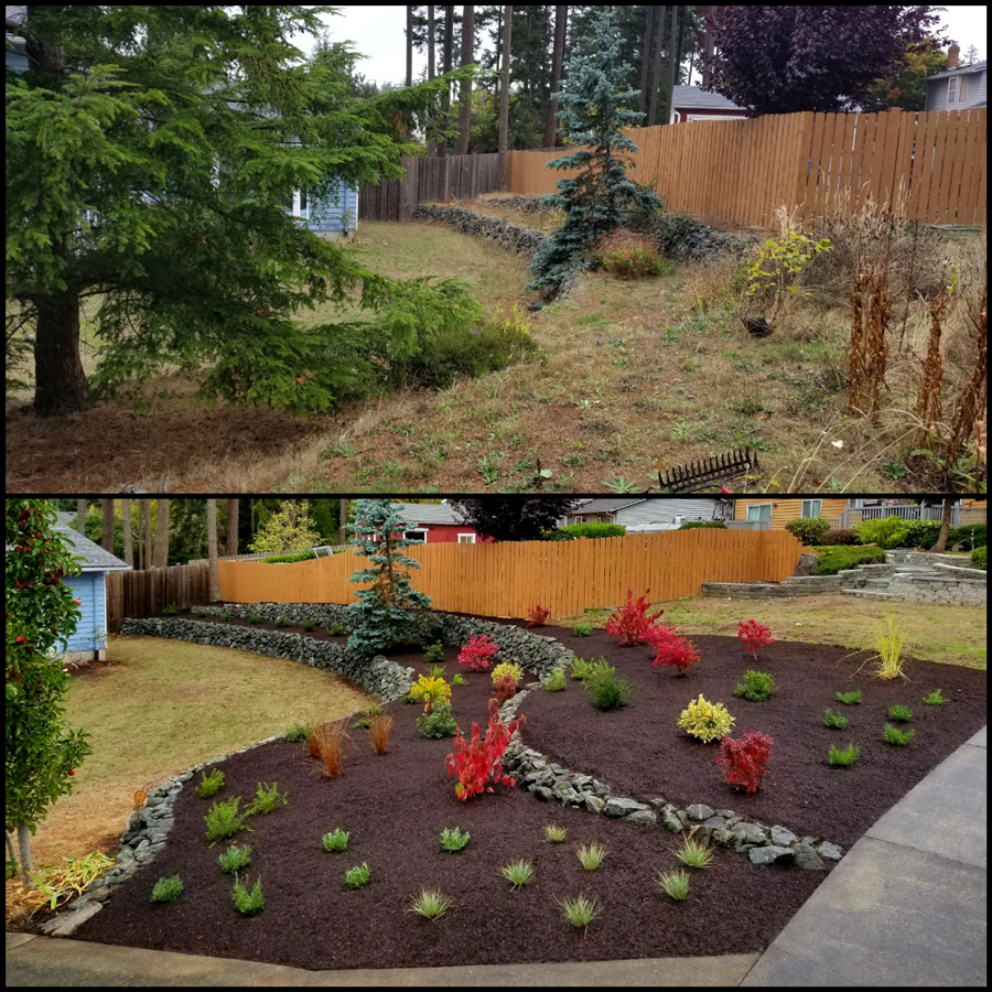 a before and after picture of a garden with a wooden fence
