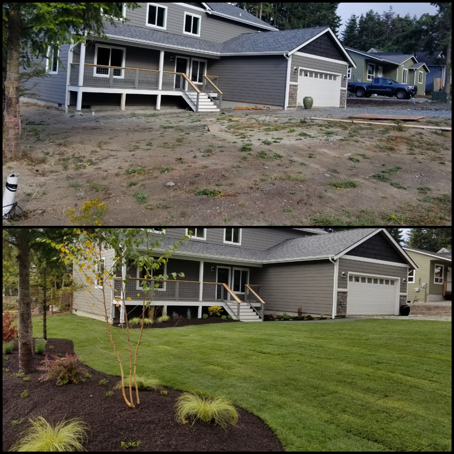 a before and after picture of a house with a lush green lawn