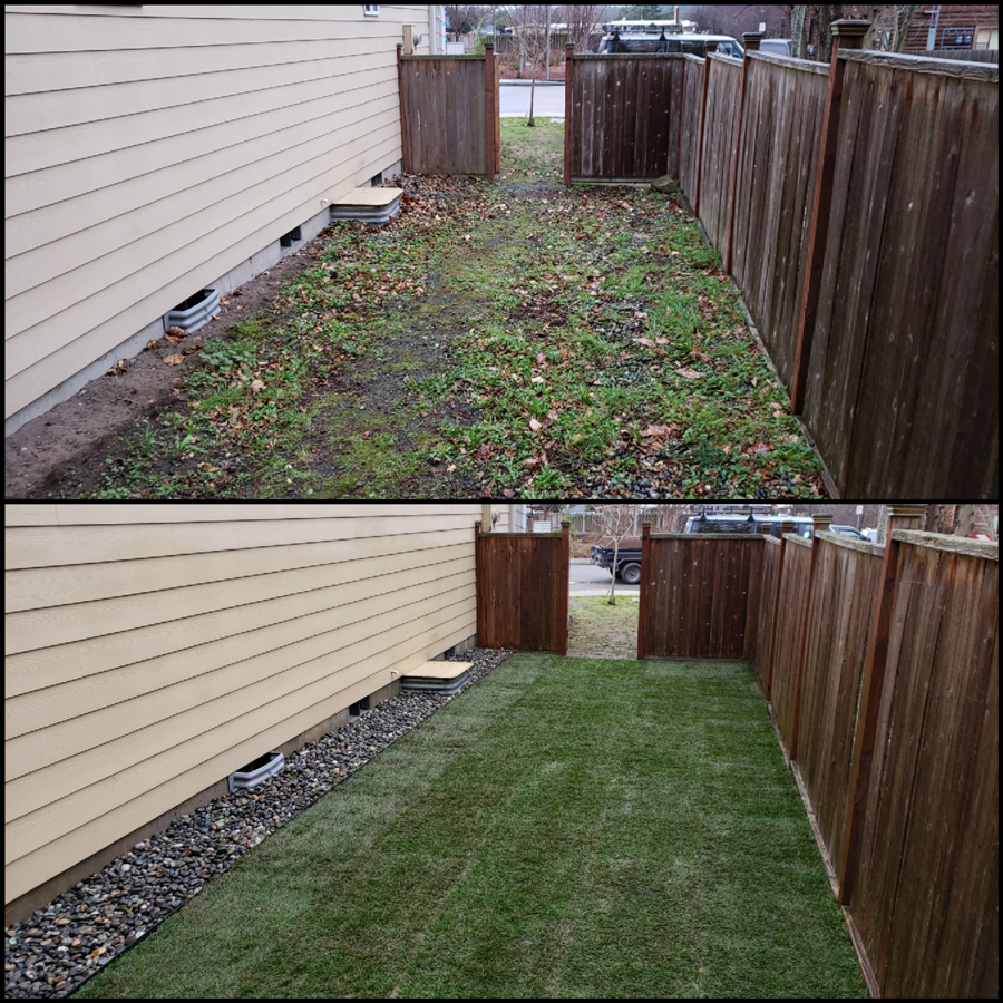 a before and after picture of a backyard with a wooden fence .