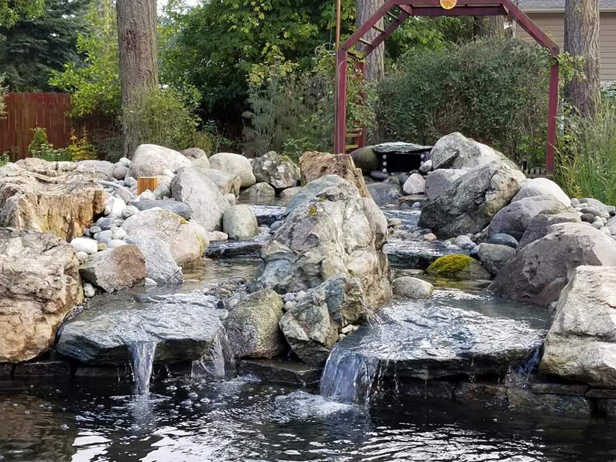 a waterfall is surrounded by rocks and trees in a garden .