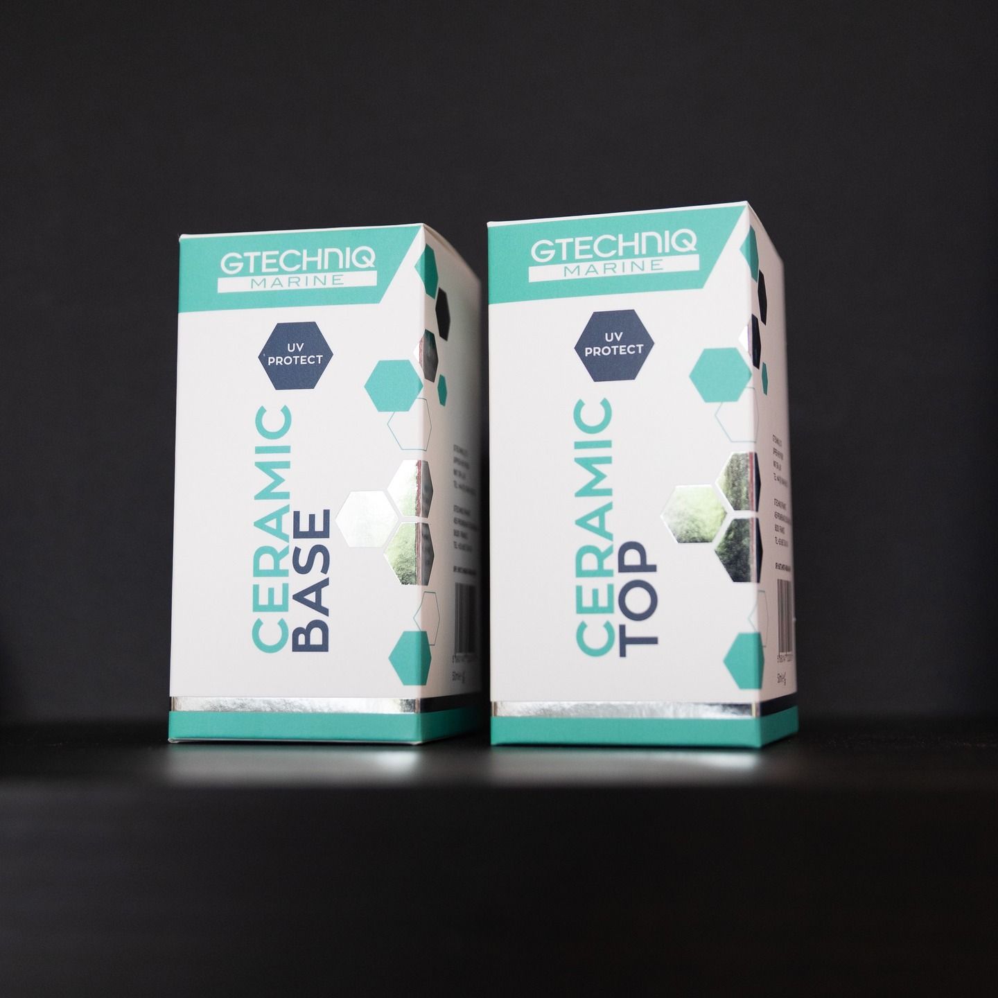 Two GTECHNIC ceramic product boxes, one labeled Base and one Top, on a dark background
