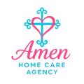 Logo of Amen Home Care Agency: pink heart/cross over cursive "Amen" with "HOME CARE AGENCY" in blue below.