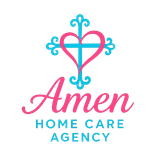 Logo of Amen Home Care Agency: pink heart/cross over cursive "Amen" with "HOME CARE AGENCY" in blue below.
