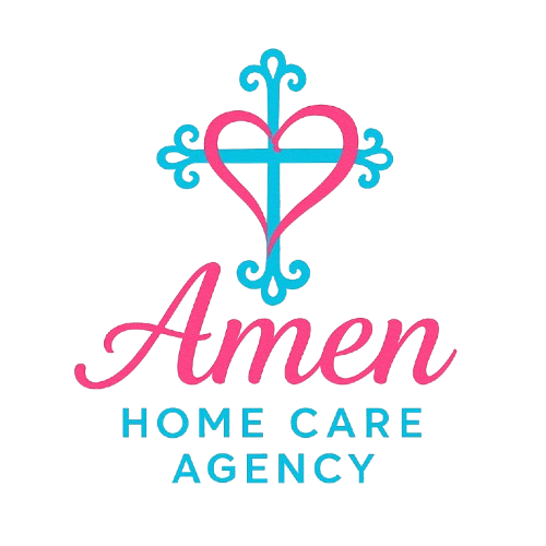 Logo of Amen Home Care Agency: pink heart/cross over cursive "Amen" with "HOME CARE AGENCY" in blue below.