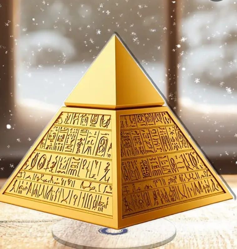 Caja piramidal dorada con jeroglíficos y tapa. Al fondo, nevando junto a una ventana.