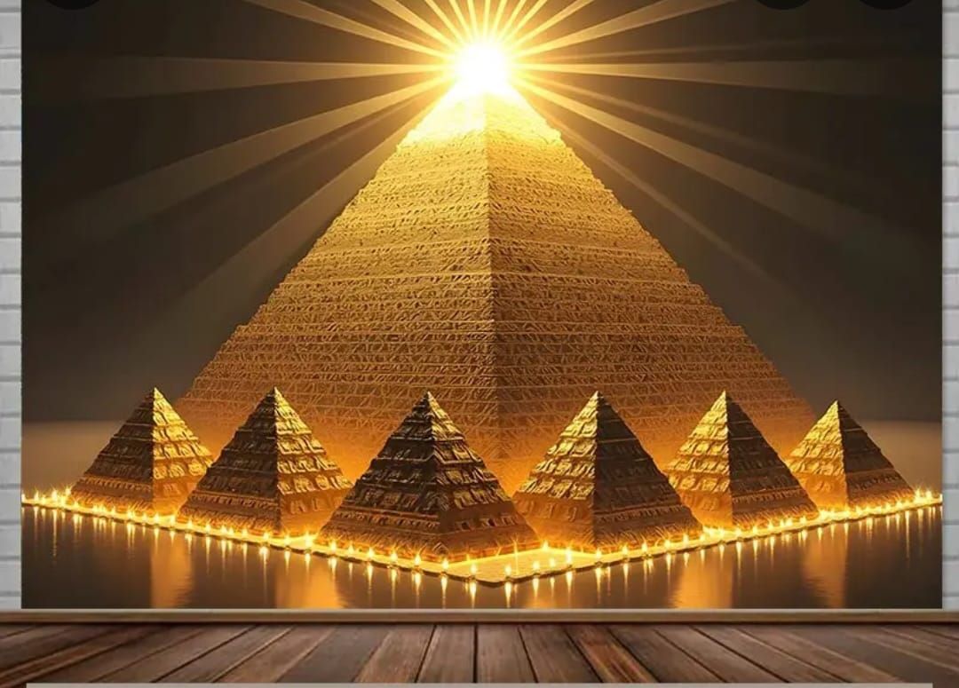Pirámides doradas bajo una luz brillante; pirámides más pequeñas al frente con luces.