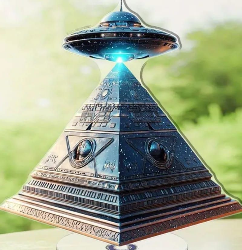 OVNI flotando sobre una pirámide oscura con luz azul brillante. Fondo verde.