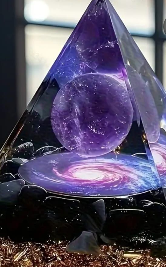 Pirámide de cristal con diseño de galaxia, que presenta una esfera violeta, una galaxia espiral y rocas oscuras.