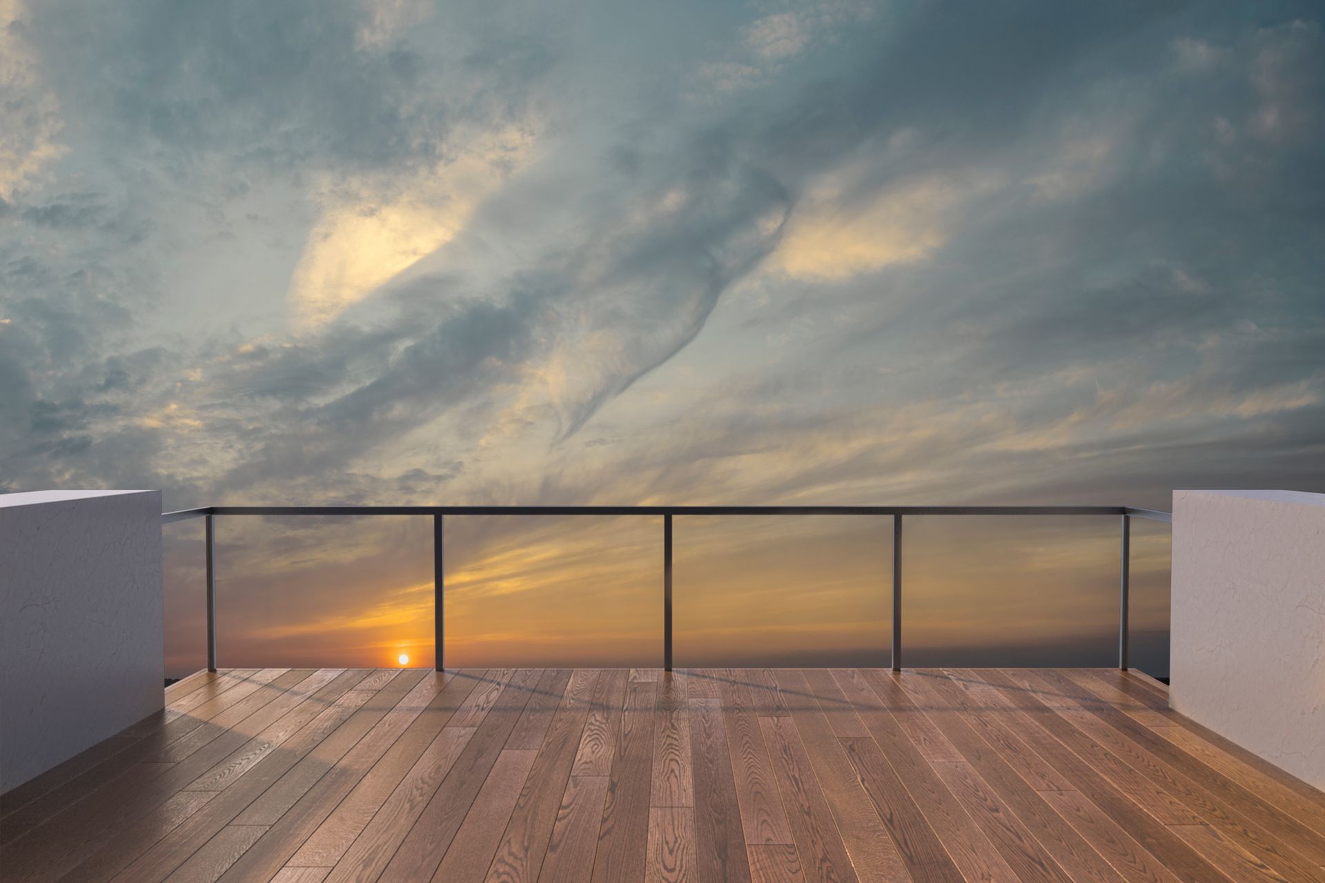  A photo of a deck railing against a sunset
