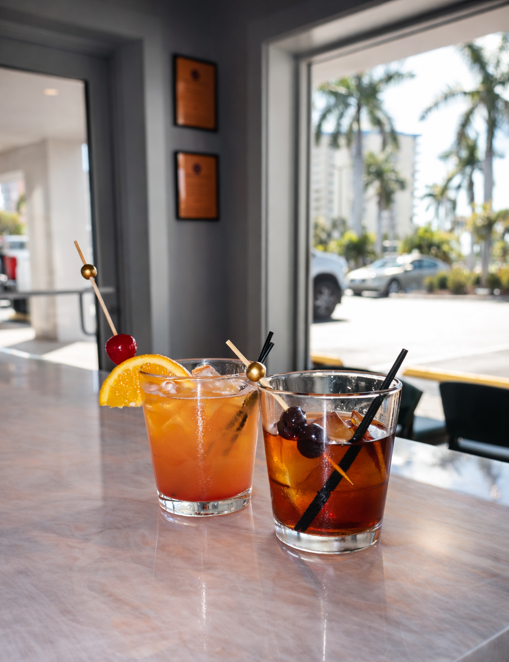 Two cocktails, one orange and one brown, sit on a bar counter near a window overlooking a street with palm trees.