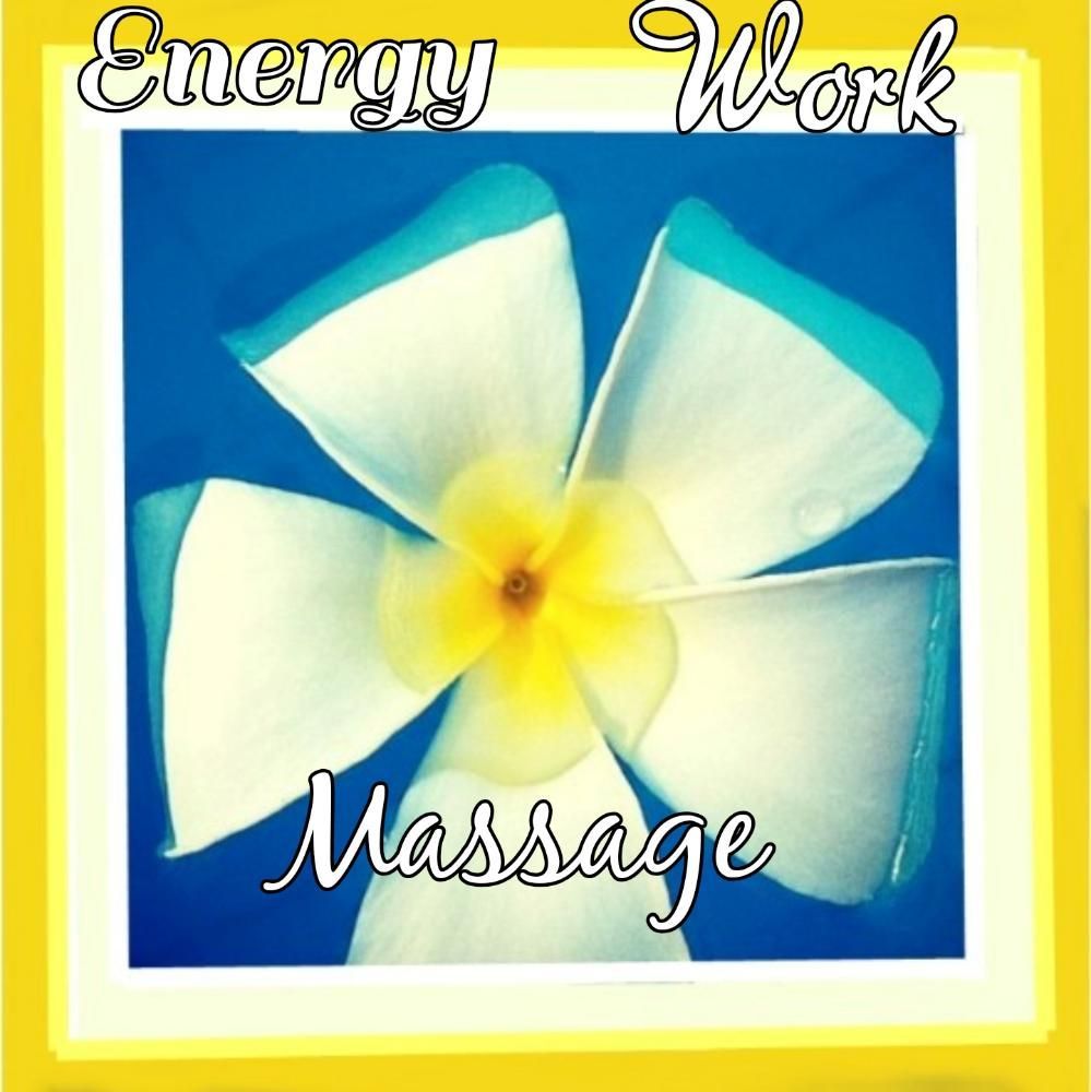 White flower with turquoise tips on blue background; text: 