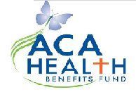 Logo: ACA Health Benefits Fund. Blue letters, orange cross, butterfly, and green swirls.