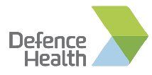 Logo for Defence Health: grey text and a green/light blue arrow-like shape.