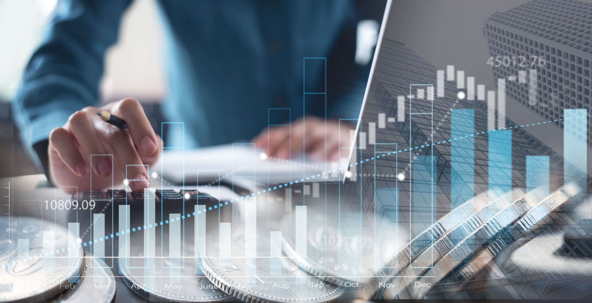 Person using a calculator with financial charts and coins overlaid.