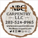 Logo for NBC Carpentry LLC: text on wood grain background with contact info and social media icons.