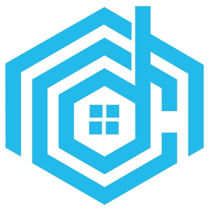 A blue hexagon with a house inside of it