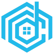 A blue hexagon with a house inside of it.