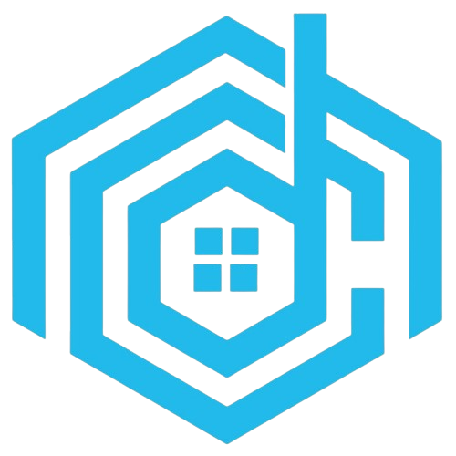 A blue hexagon with a house inside of it.