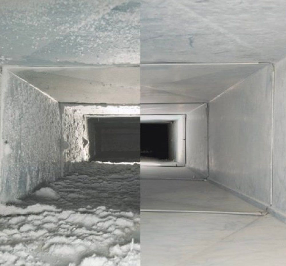 Air duct before and after cleaning. Left half shows dusty, dirty duct. Right half is clean.