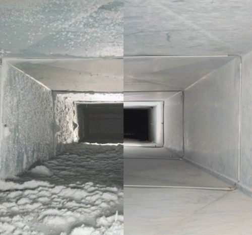 Air duct before and after cleaning. Left half shows dusty, dirty duct. Right half is clean.
