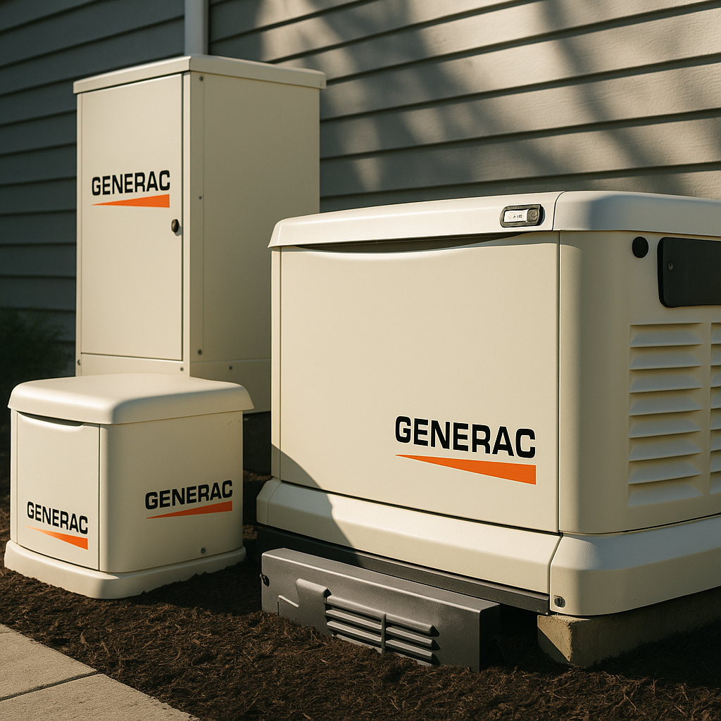 Generac home generator system in beige with orange logo, installed outside a home.