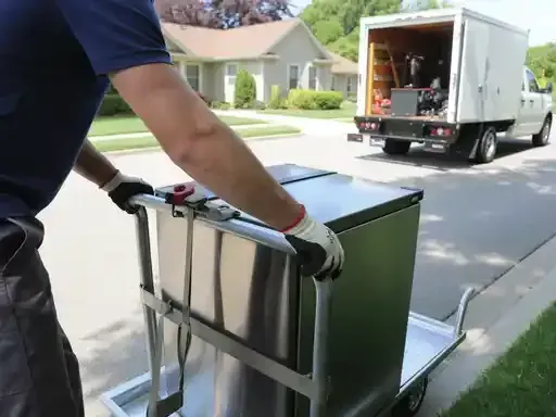 Person moves large appliance on dolly towards a truck parked on a suburban street.