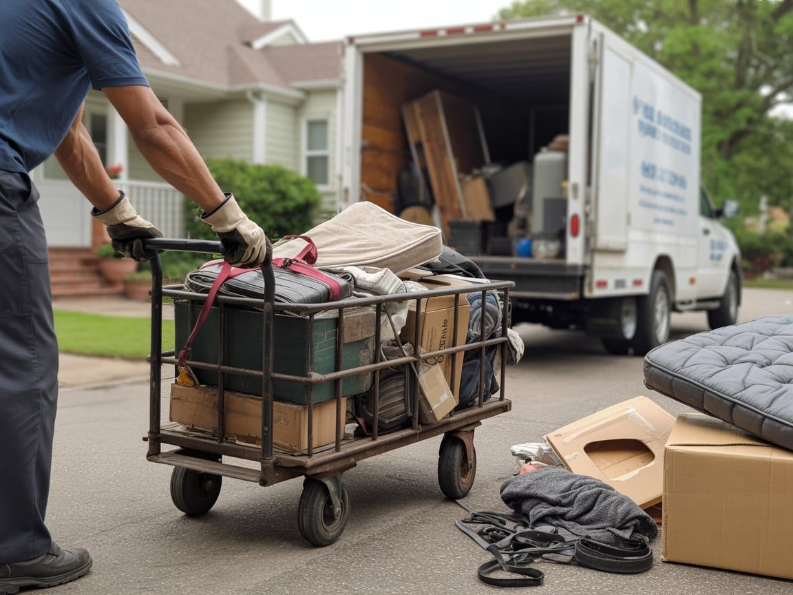 Man pushing a hand truck loaded with boxes and items toward a moving truck parked on a street.