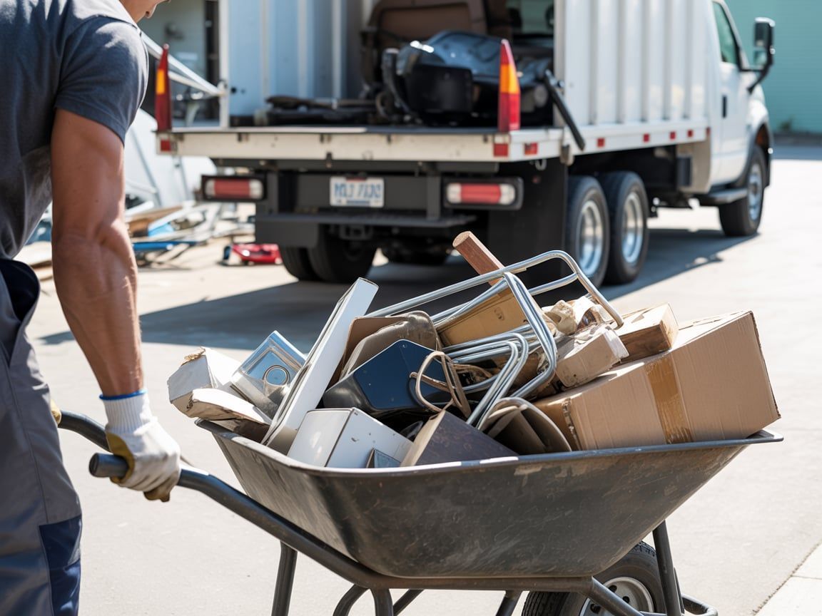 Man pushing a wheelbarrow filled with junk towards a truck for disposal.