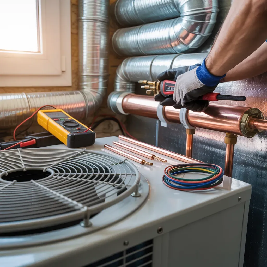 HVAC technician working on copper pipes with tools, near air conditioning unit.