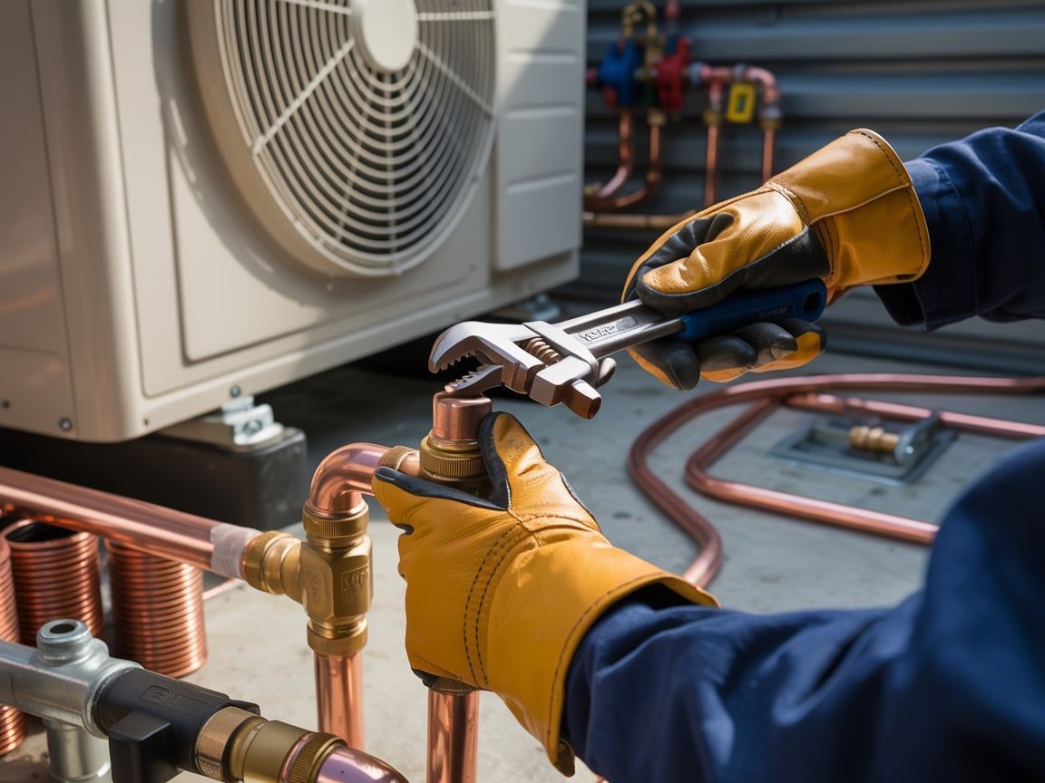 Hands wearing yellow gloves using a wrench to connect copper pipes to an HVAC unit.